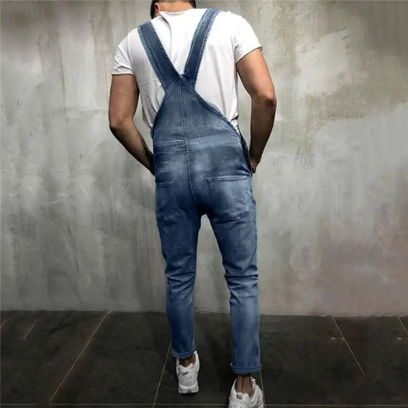 New Men Summer Autumn Fashion Overall Casual Jumpsuit Jeans Wash Broken Pocket Trousers Suspender Pants Brief Joggers Pant #4R06 (6)