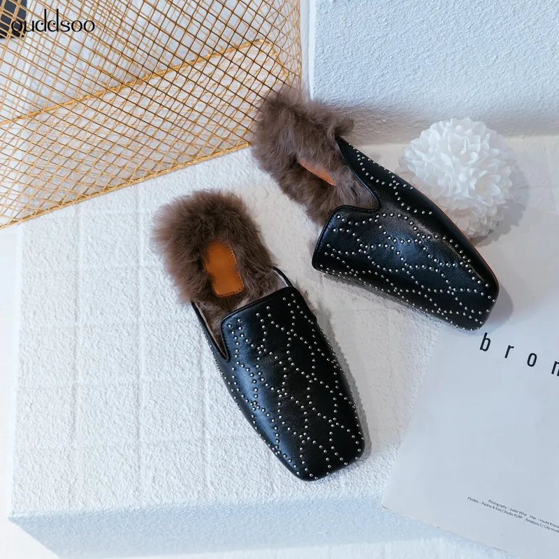 

2019 New Real Cow Genuine Leather Mules With Fur Shoes Women Black Flat Plush Woman Slipper Slip On Lady Slides Female Loafers