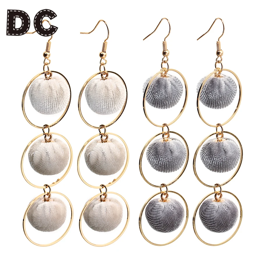 DC Fashion Long Earrings Black Green Grey White Fur Ball Round Hoop