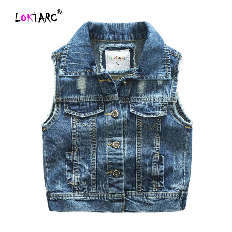 

LOKTARC Denim Vest for Kids Streetwear Patchwork Cotton Vest Solid Holes Vest Boys Outerwear Sleeveless Boy Coats Spring Autumn