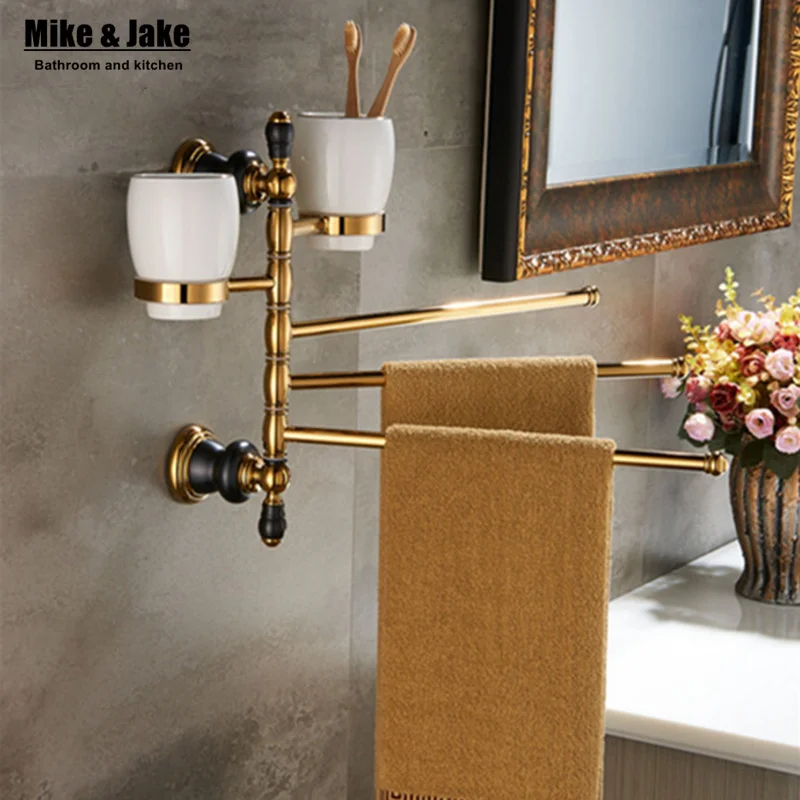 Bathroom Gold movable 3pcs Towel Bars with double cup holder,Towel