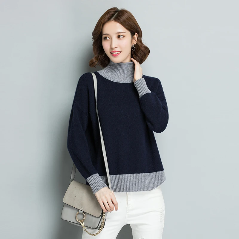 Women's cashmere sweater winter new stitching fashion high collar loose sweater fabric comfortable texture soft wild sweater