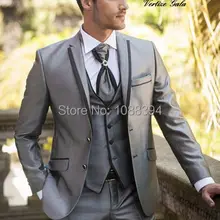 Новые поступления блестящие серые мужские костюмы из 3 предметов, смокинги для жениха с заостренным отворотом, мужской свадебный костюм жениха(пиджак+ брюки+ жилет+ галстук