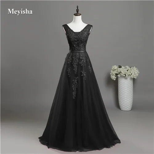 ZJ6008 кружевное платье с v-образным вырезом, расшитое бисером, темно-синее, бургундское, черное, красное, серебряное, Платья для подружек невесты, вечерние платья размера плюс - Цвет: Black