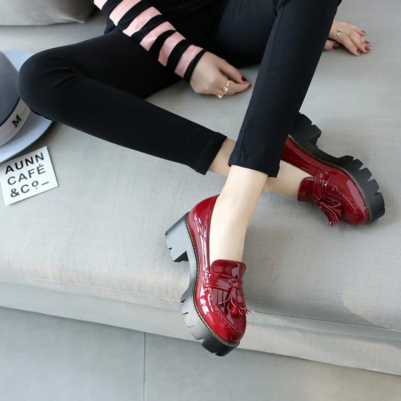 Loafers Handmade Patent Leather Ladies Oxfords Shoes Full season Casual Women Pumps Tassel Black Oxford Shoes For Women Size 43 (12)