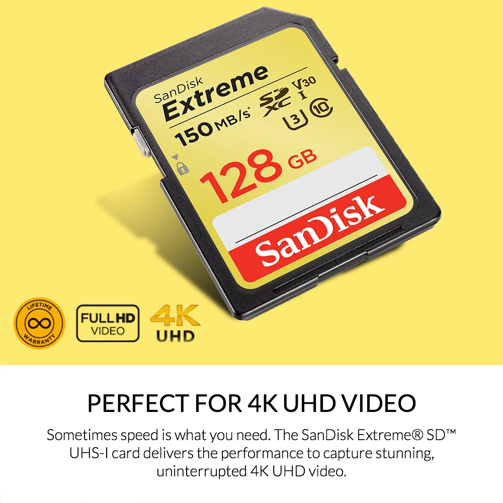 Карты памяти SanDisk Extreme SDHC/SDXC SD карты в формате 4K UHD, объемом памяти 32 Гб или 64 ГБ, 128 ГБ C10 U3 V30 150 МБ/с.(32 Гб: 90 МБ/с.) UHS-I флеш-карта