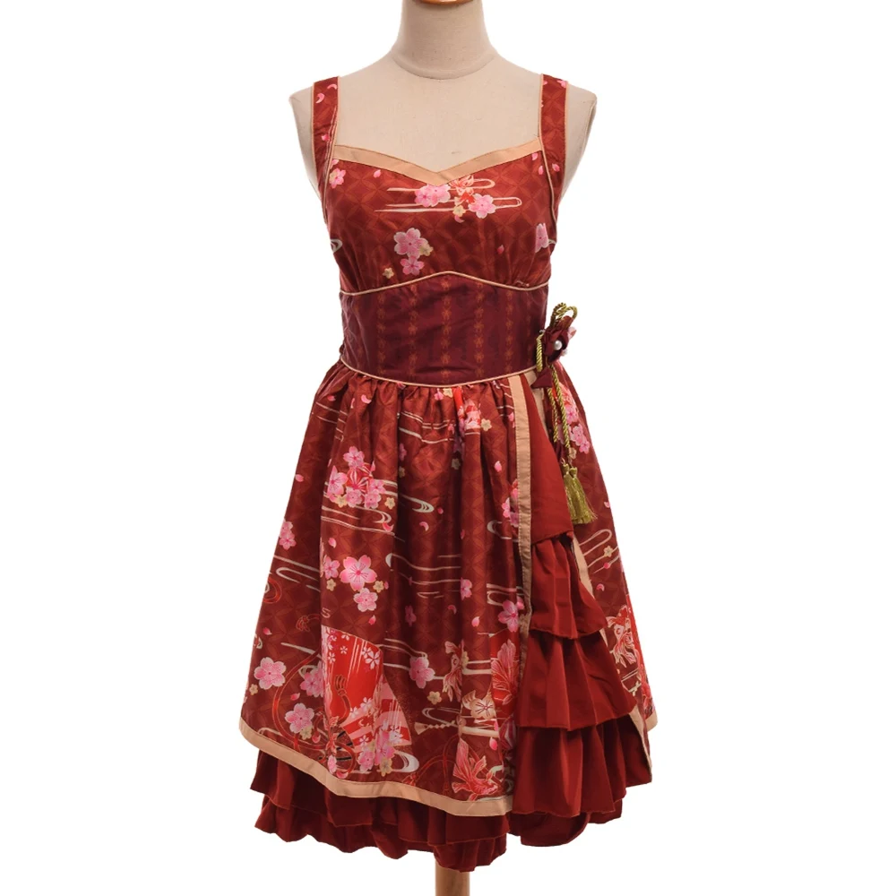 Women Sakura Flowers Print Costume Japanese Vintage Lolita Suspender Dress