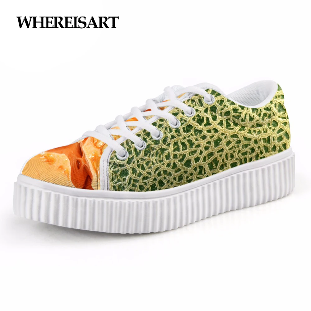 

WHEREISART Women Casual Flats Platform Shoes 3D Fruit Prints Women's Lace-up Creepers Shoes Leisure Low Style Shoes for Teens