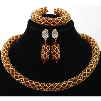 

Fantastic Champagne/Red African Wedding Nigerian Beads Jewelry Set Women Party Indian Costume Jewelry Set Free Shipping HX820