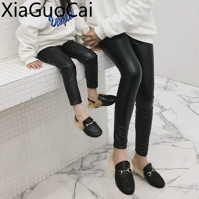 

Winter Parent-Child Pants Furry and Thickened Family Matching Outfits Elastic Leather Pants for Boys and Girls