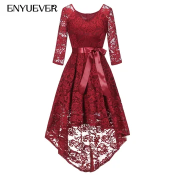 

Enyuever High Low Lace Dress Women Winter Spring 2019 V Neck Sleeve Robe Vintage Elegant Formal Party Night Vestido Casual Dress