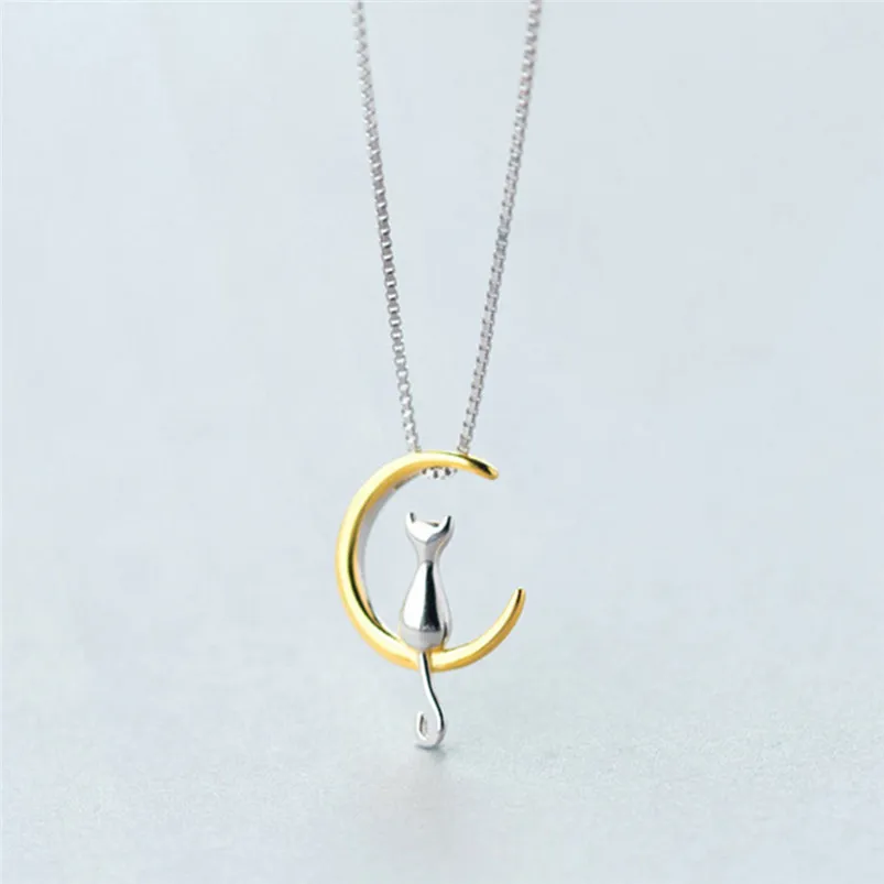 1Pc New Fashion Jewelry Silver Gold Moon Lovely Cat Necklaces Pendant Women Christmas Gifts Simple Temperament Cute Chain D10 (6)