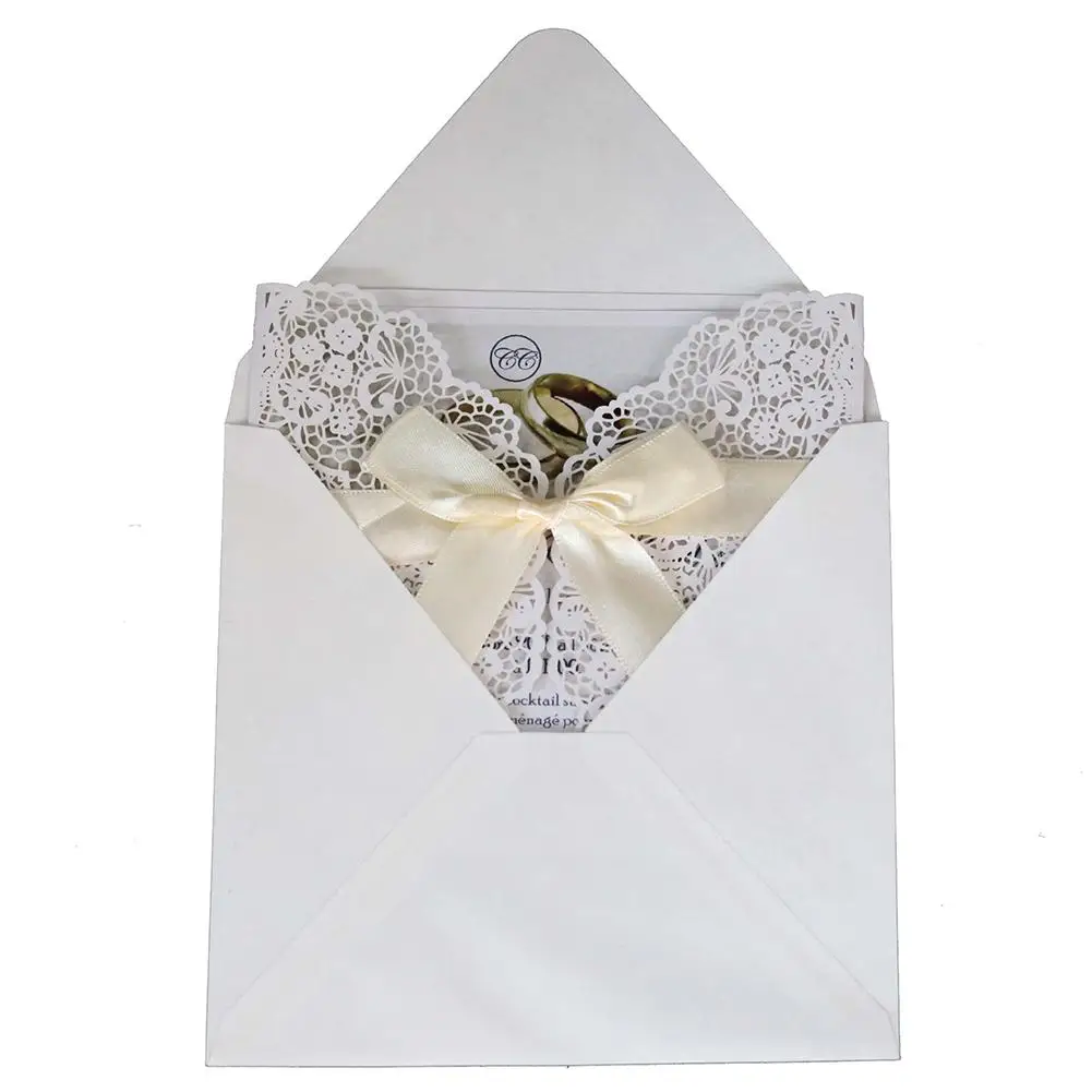  10pcs/set European Style Lace Wedding Invitations Cards Blue Color Laser Greeting Card Bowbelt Wedd - 33030498738