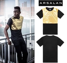 Arsalan 2016 new arrival gold quality shiny man fashion t-shirt loose mens hiphop t shirts pu patchwork men leather t shirt