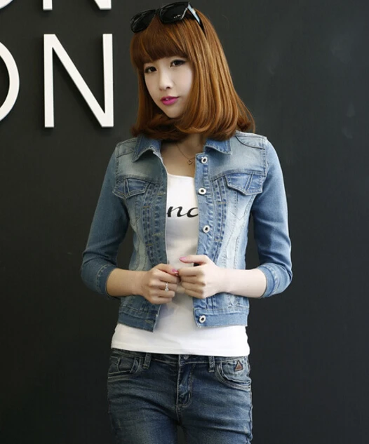 

Fashion S 5XL 2017 Plus Size Women winter Solid Blue Cotton Denim Jacket Light Washed woman Collar Long Sleeve jeans Coats