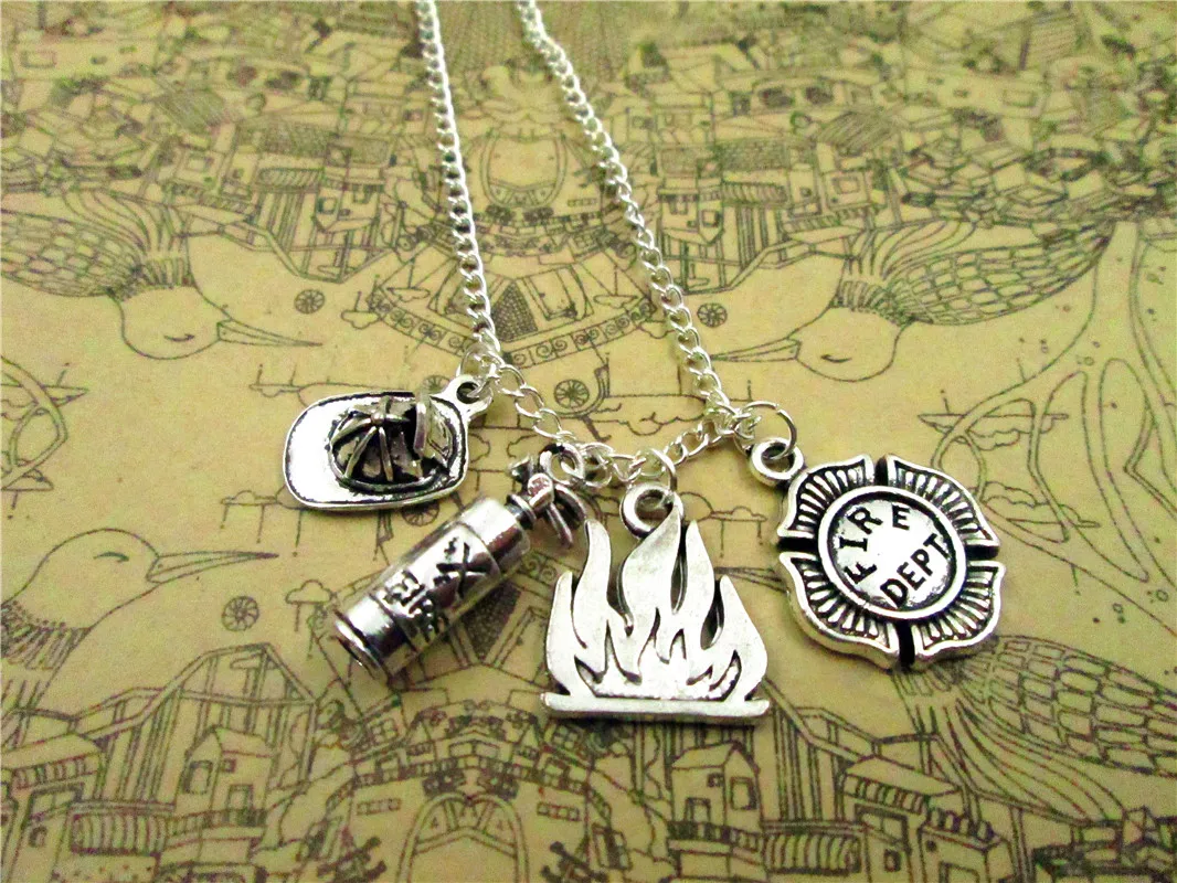 12pcs/lot Fire Department necklace Firefighter Charm pendant