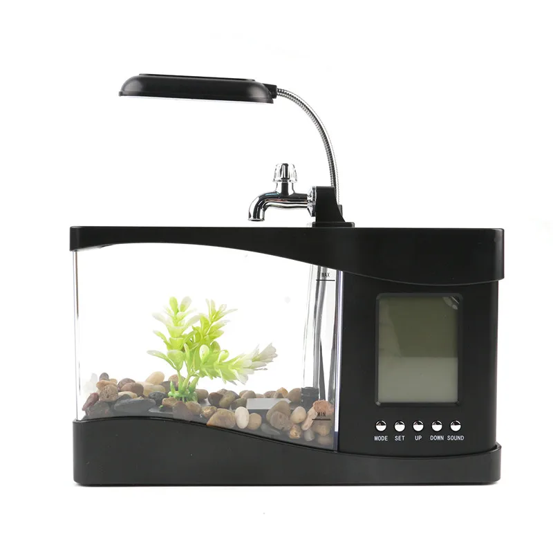 Usb Acrylic Mini Fish Tank Aquarium Led Lighting Light With Alarm Clock For Living Room Bedroom Desk Decoration Accessories
