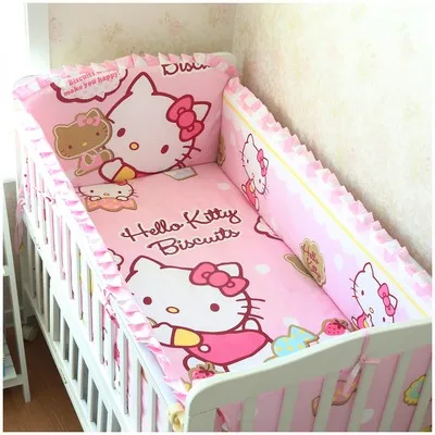 ФОТО Promotion! 6PCS Hello Kitty baby cot bedding sets Cot and Cribs cotton crib bedsheet set ,include:(bumper+sheet+pillow cover)