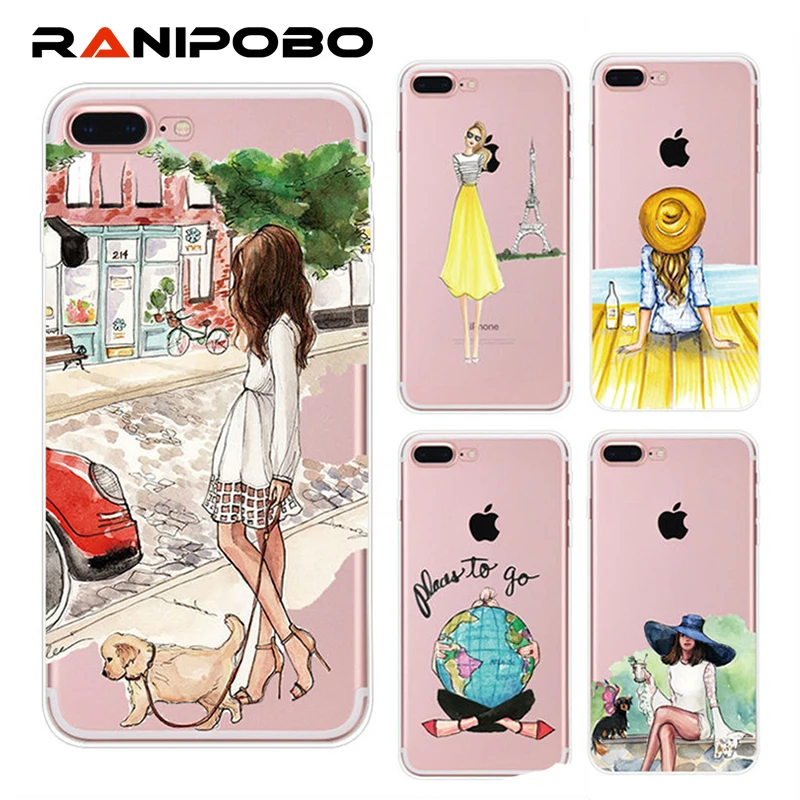 

Fashional Beautiful Girl Phone Cases For iPhone 7 6 6S Plus Drinking Design Transparent Soft Silicone Fundas Cover for iPhone7