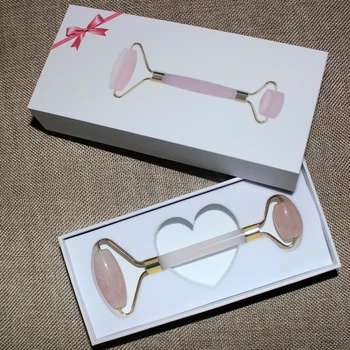 

Natural Rose Quartz Facial Massager Body Jade Massage Slimming Derma Roller Skincare Wrinkle Removal Beauty Tool with gift box