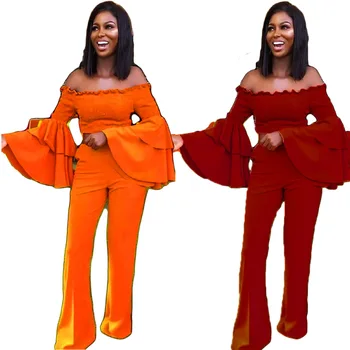 

Black Wind Women Two Piece Set Top and Pants Solid Ruffles Flare Sleeve Tops Wide Leg Pants Sexy Tracksuit Plus Size