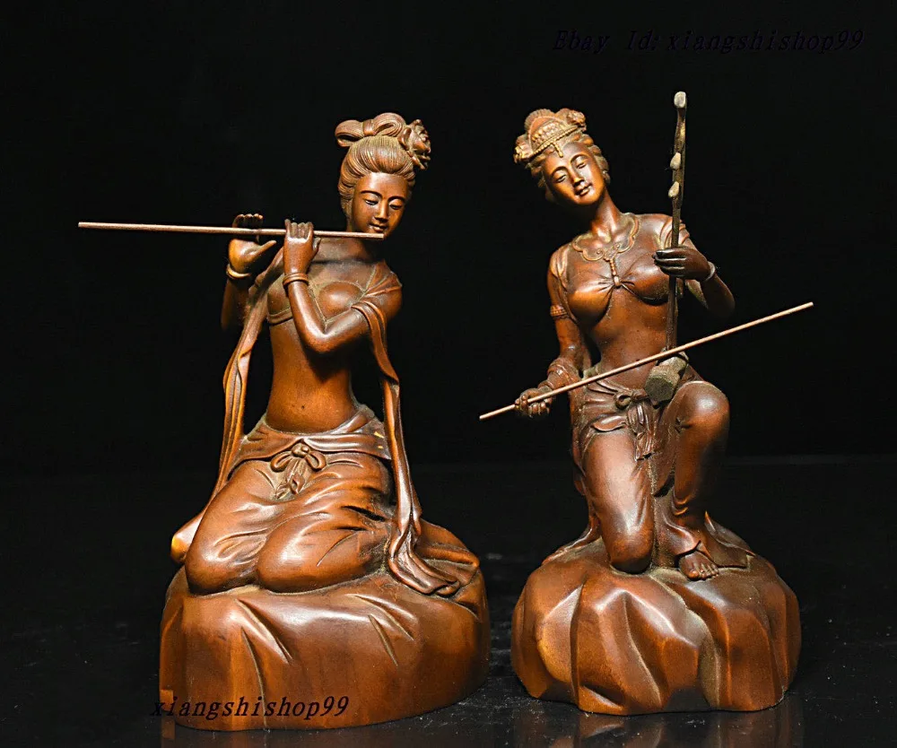 

wedding decoration Chinese Boxwood Wood Carved play music Classic beauty Woman Belle Statue Pair