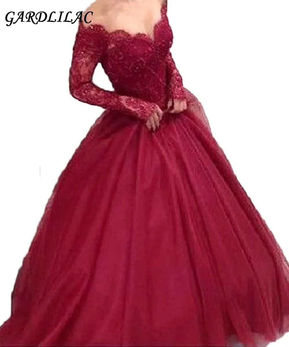 Бордовое длинное платье для выпускного вечера 2018 с плеча бальное платье Тюль Кружева Аппликации Сладкий 16 платья Свадебная вечеринка