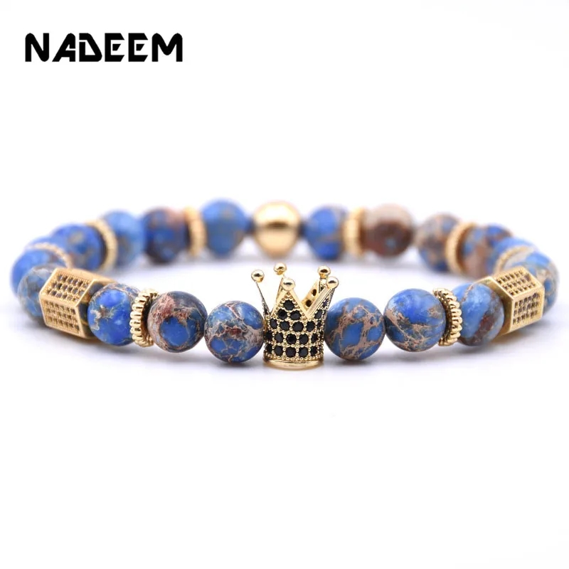 

New Trendy 8MM Black Stone Regalite Beads Bracelet Gold Color CZ Hexagon Crown Bracelet For Women Men Elastic Bangles Jewelry