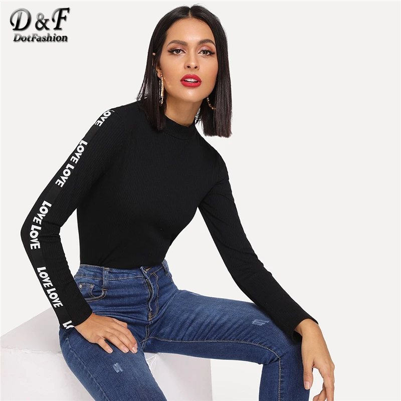 

Dotfashion Black Mock Neck Rib Knit Letter Long Sleeve Tee Women Casual Autumn Clothes 2019 Fashion Tops Stand Collar T-Shirt