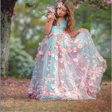 Роскошное платье с цветочным узором для девочек с объемными розовыми цветами и бисером для особых случаев, мягкое кружевное Пышное Платье с v-образным вырезом для девочек