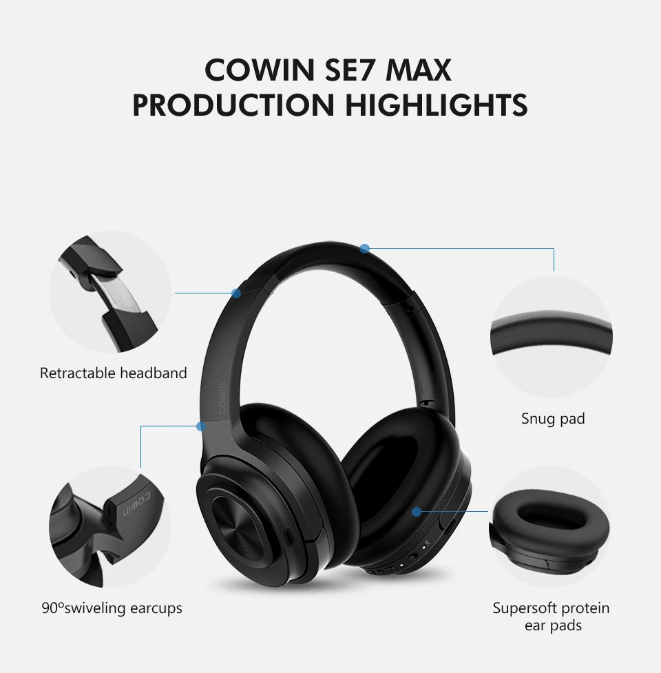 Cowin SE7MAX, активные наушники с шумоподавлением, Bluetooth 5,0, беспроводные наушники с микрофоном, супер HiFi, глубокий бас, гарнитура