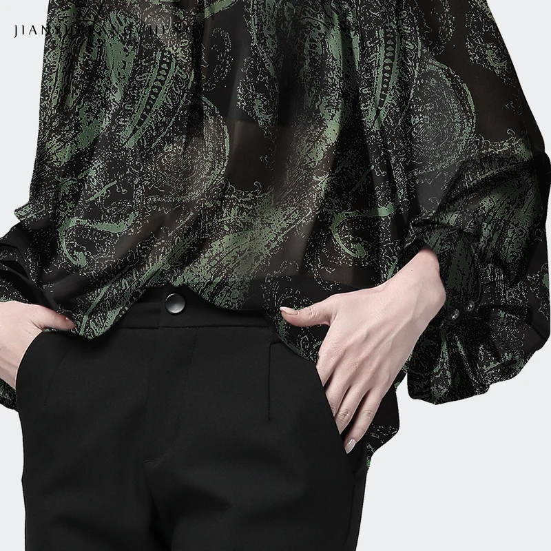 Роскошная женская блузка с воротником, украшенным бриллиантами, зеленый шифоновый топ с рукавами-фонариками+ бюстгальтер, комплект из 2 предметов, свободный большой размер 4XL