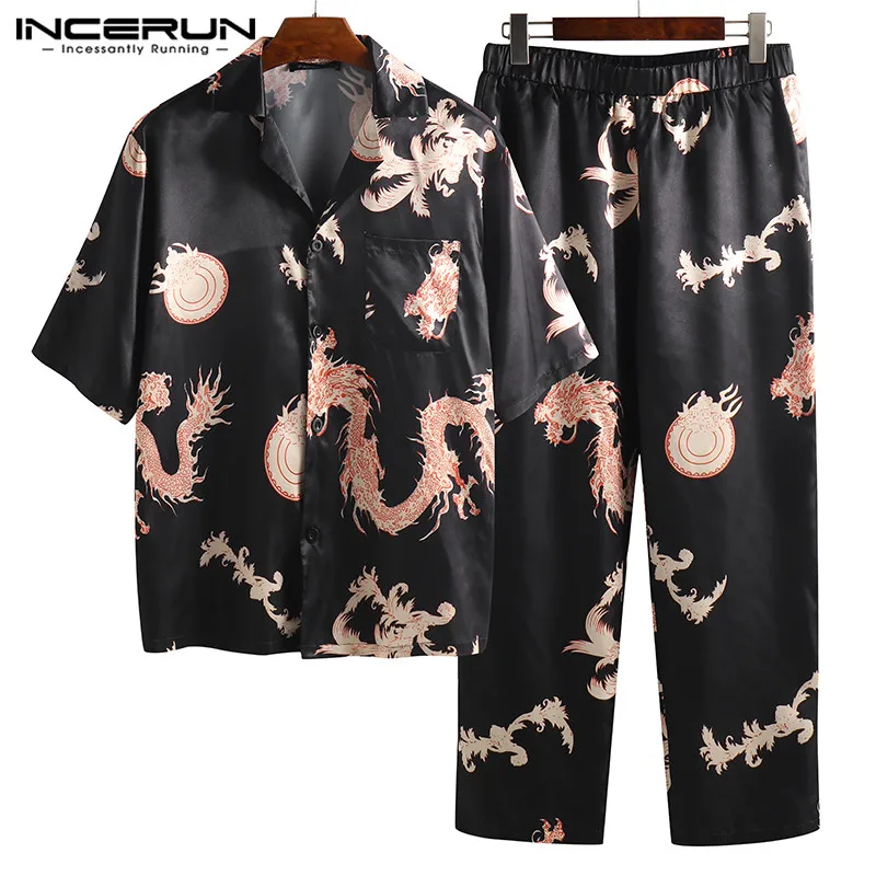 INCERUN/модный мужской пижамный комплект с принтом, Шелковый атласный с коротким рукавом, топы, штаны 2019, свободные женские комплекты для сна