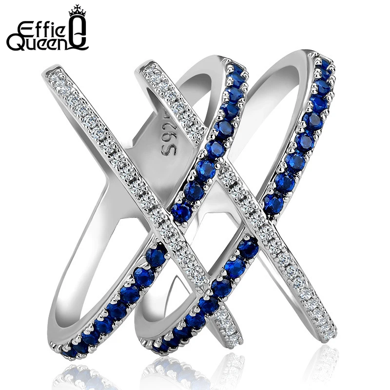 

Effie Queen Vintage Double Cross Women Rings with AAA CZ Clear Blue Crystal Stone Unique Design Finger Ring Women Jewelry DLR26