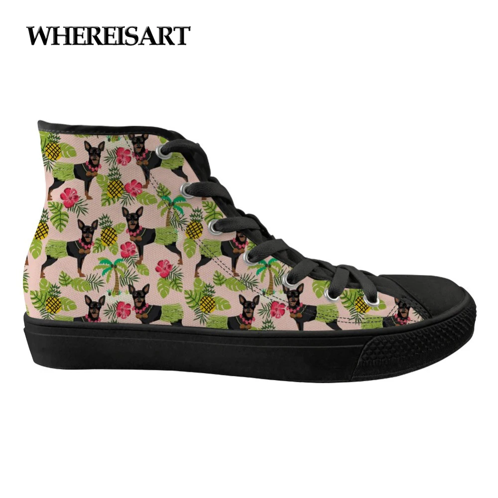 

WHEREISART Animal 3D Cute Doberman Dog Pattern Flats Ladies Shoes Canvas High Top Stlylish Female Zapatos Mujer Casual Sneakers