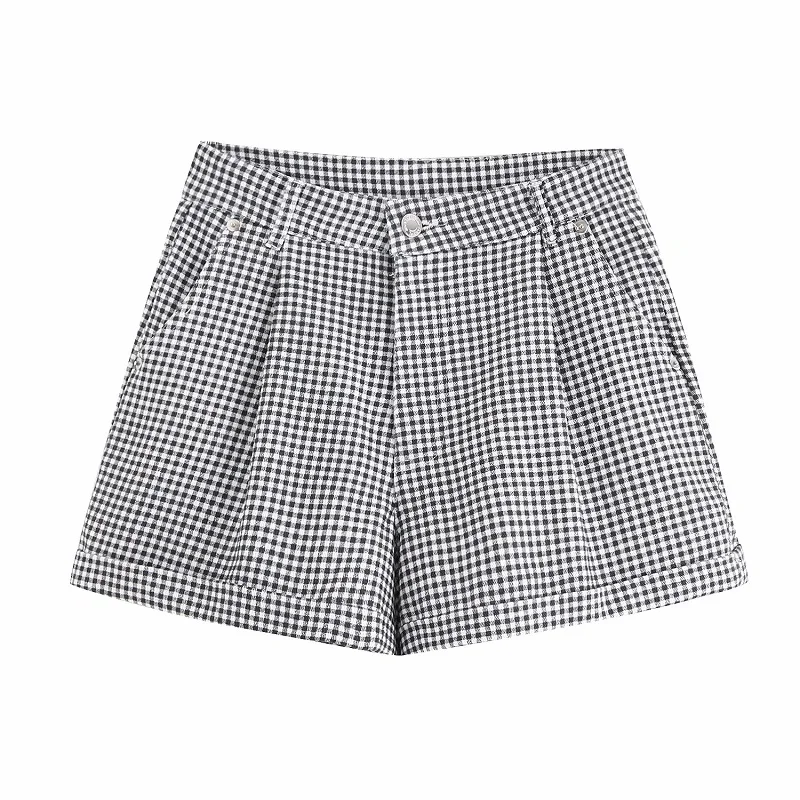 

Fashion Women Houndstooth Plaid Set High Waist Button Fly Shorts Single Breasted Short Jacket Suits Casual Ladies 2Pc/Set
