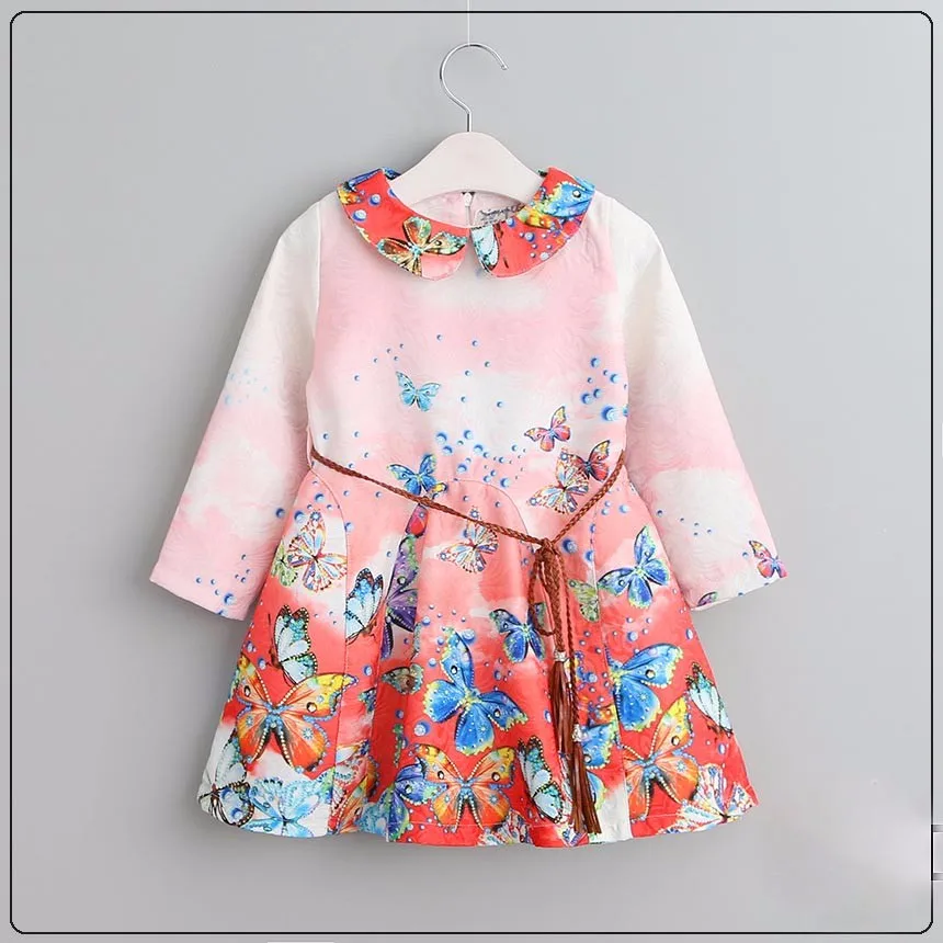 2017 Новые Девушки Цветочные Бабочка Пинта Платье Оборками С Длинным Рукавом Весна