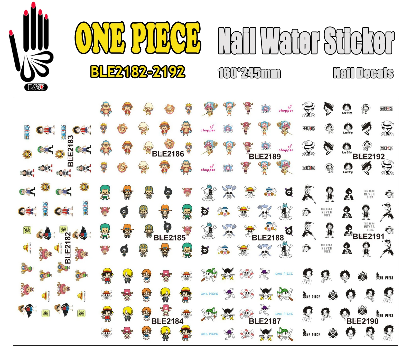 

11 Sheets/Lot 2015 Nail Product BLE2182-2192 ONE PIECE Nail Art Water Transfer Sticker For DIY Nail(11 DESIGNS IN 1)