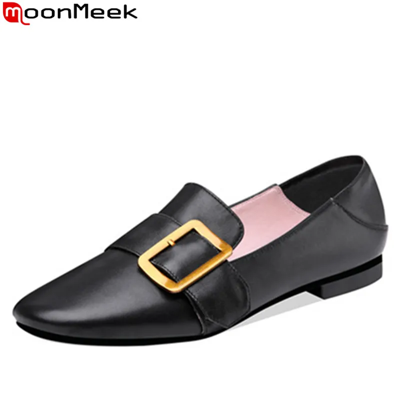 

MoonMeek big size 34-43 new flats shoes women square toe shallow genuine leather shoes women casual loafers shoes office ladies