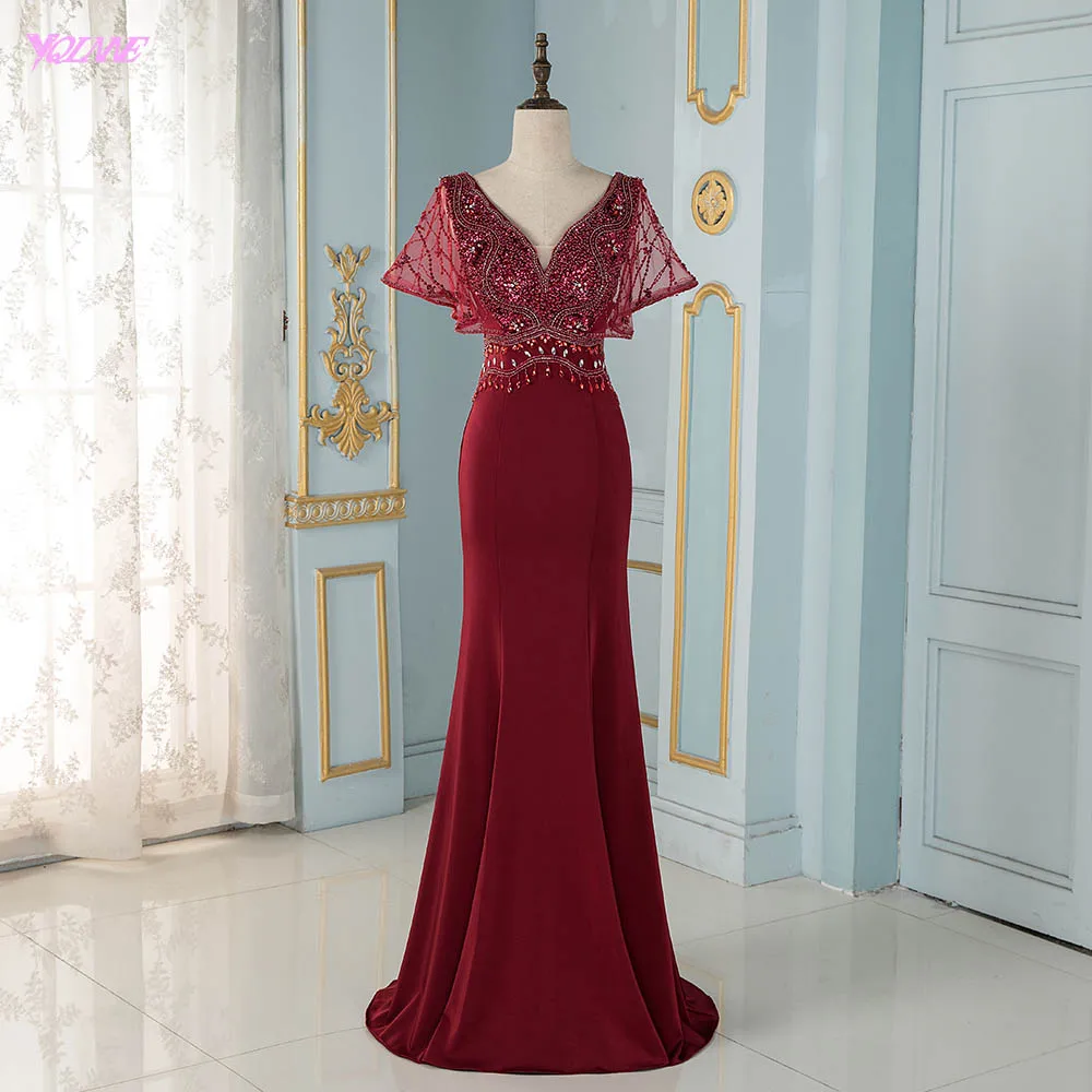 Элегантный V образным вырезом длинное вечернее платье Русалка цвет красного вина камни бисером Формальные Выпускные платья YQLNNE