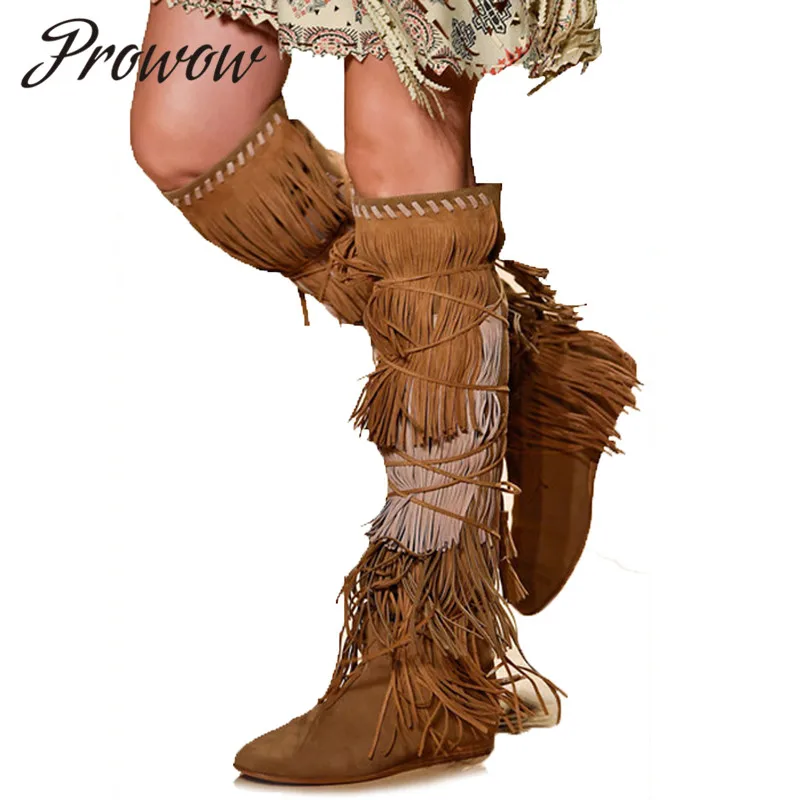 

Prowow New Genuine Leather Fringe Knee HIgh Boots Round Toe Increasing Height Women Winter Boots Shoes Women