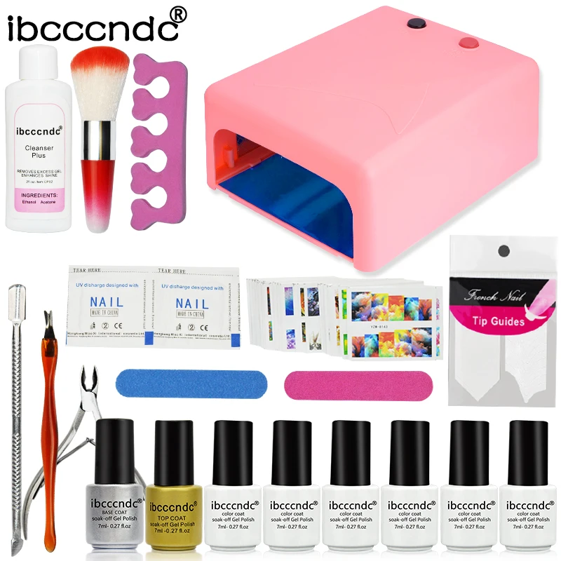 

Ibcccndc Nail Art Set 36W UV Lamp 6 Color 7ml Soak off Nail Gel Base Top Coat Polish Remover Practice Manicure Tools File Kit
