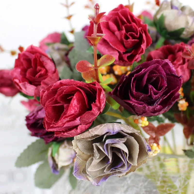Flone Artificial Silk Rose Bouquet Fake Flowers Home Wedding Display Flower European Rose Small Bouquet Party Decoration (23)