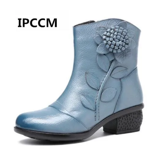 

Cowhide Leather Women's Boots Mother Folk Style Winter Ankle Boots Shoes Vintage Women Genuine Leather Boots Retro