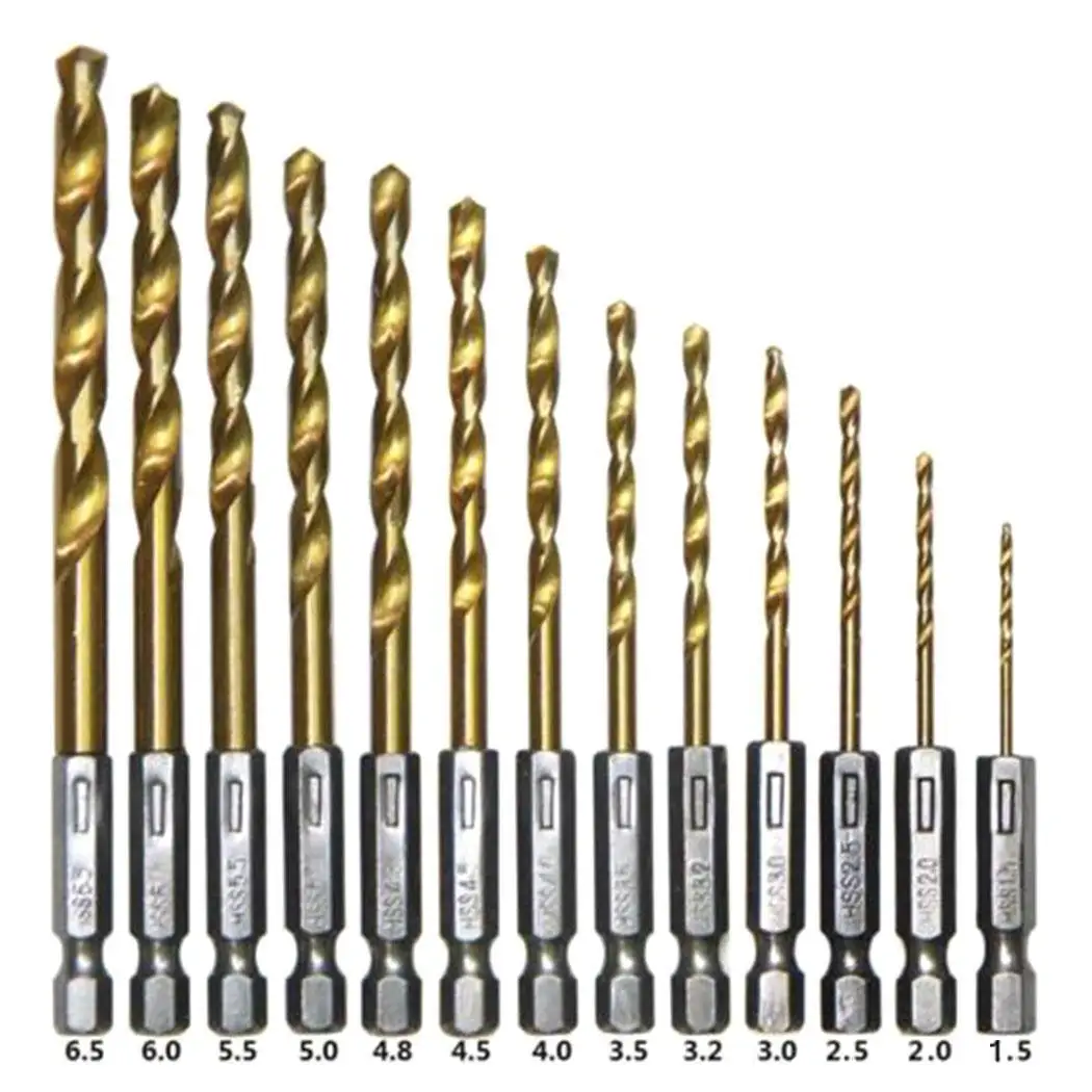 

Drill Bit to Bits Shank 13PCS 1.5 Twist Titanium 6.5mm Hex Drill Set Jobber HSS Coated Tools for Carpentry Step Drill for Metal