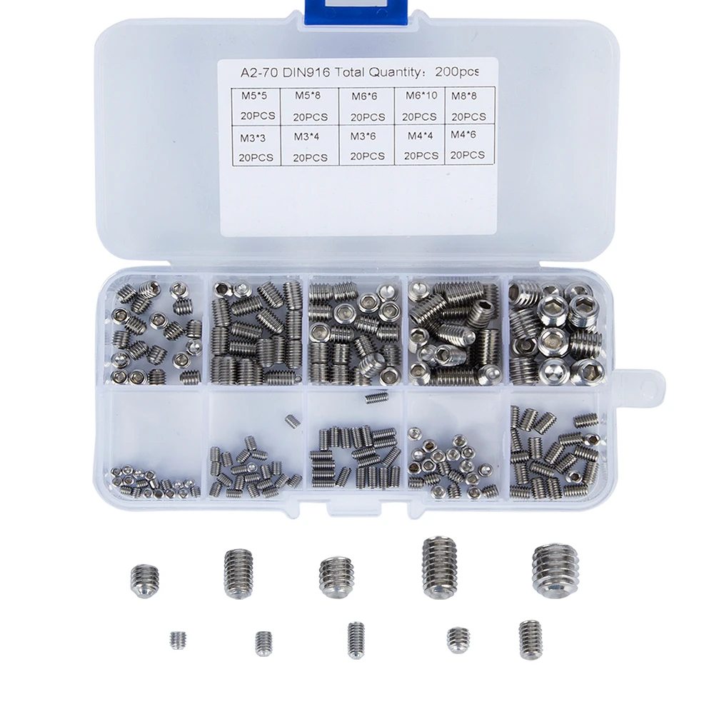 

200Pcs M3 M4 M5 M6 M8 304 Stainless Steel Internal Hexagon Socket Set Screw Machine Screw Set with Screw Box