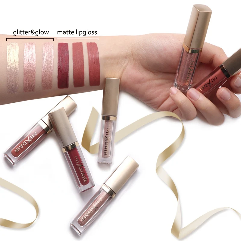 New! 6 Pcs Matte And Shimmer Lip Gloss Set Sparkly Shimmer Long Lasting