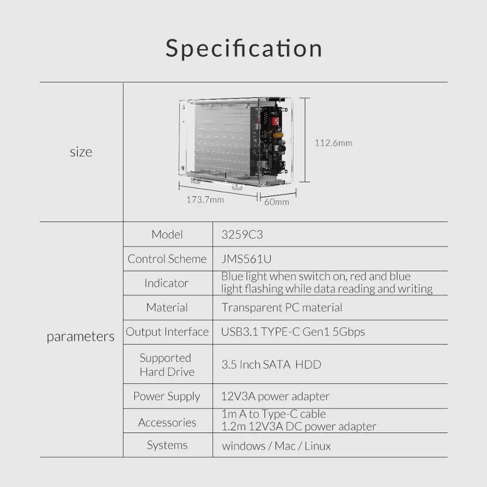 ORICO 2 Bay 3,5 дюйма Тип C HDD чехол SATA к USB C прозрачный SATA жесткий диск Док-станция UASP 24 ТБ добавить 12V адаптер питания