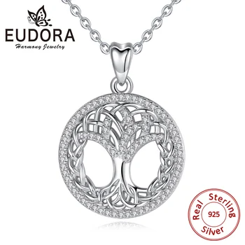 

EUDORA Unique Sterling Silver Tree of life Necklace Pendants Good Luck Celtics Knot Clear CZ Pendant Silver 925 jewelry CYD425