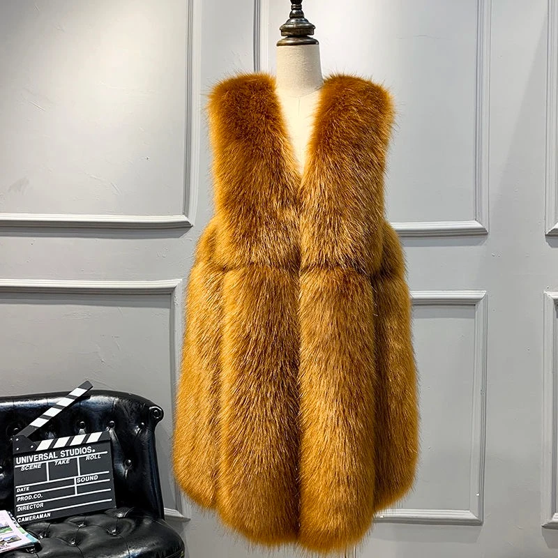 Зимний длинный жилет с лисой из цельного искусственного меха, Manteau Femme Hiver Harajuku Casaco Feminino, Женское пальто